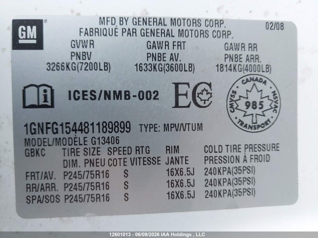 12601013 :رقم المزاد ، 1GNFG154481189899 vin ، 2008 Chevrolet Express G1500 مزاد بيع