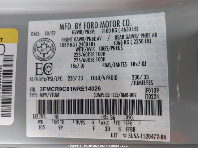 Продаж на аукціоні авто 2022 Ford Bronco Sport Outer Banks, vin: 3FMCR9C61NRE14026, номер лоту: 12601015