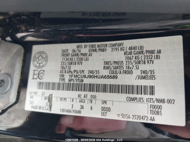 2017 Ford Escape მანქანა იყიდება აუქციონზე, vin: 1FMCU9J90HUA65689, აუქციონის ნომერი: 12601026