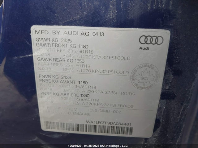 2013 Audi Q5 2.0t Premium მანქანა იყიდება აუქციონზე, vin: WA1LFCFP9DA084461, აუქციონის ნომერი: 12601029