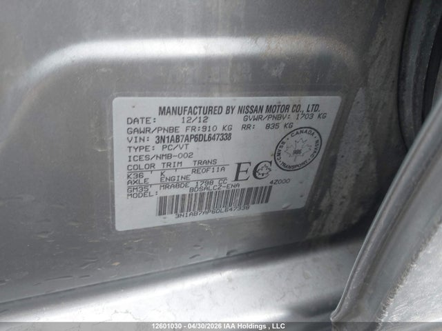 12601030 :رقم المزاد ، 3N1AB7AP6DL647338 vin ، 2013 Nissan Sentra مزاد بيع
