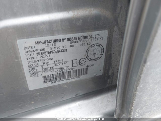 12601030 :رقم المزاد ، 3N1AB7AP6DL647338 vin ، 2013 Nissan Sentra مزاد بيع
