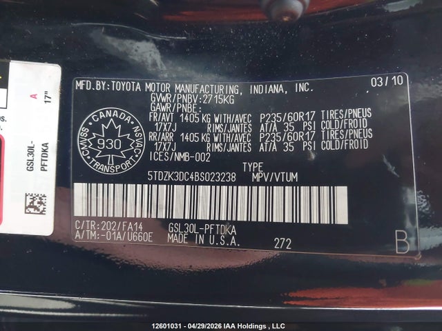 2011 Toyota Sienna მანქანა იყიდება აუქციონზე, vin: 5TDZK3DC4BS023238, აუქციონის ნომერი: 12601031