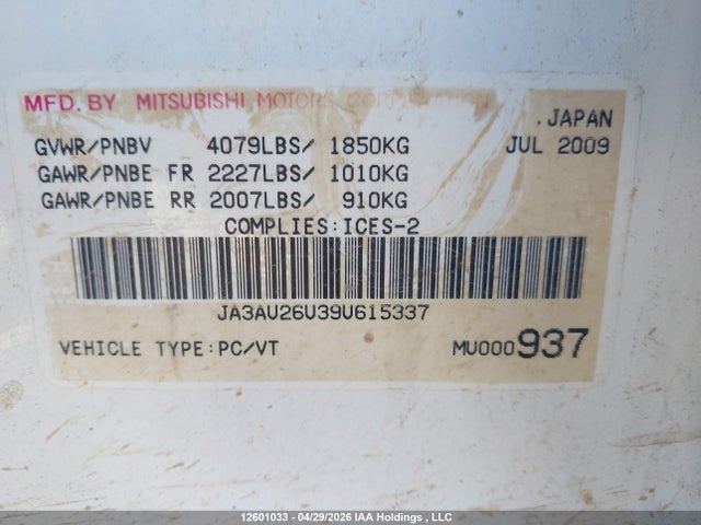 Aukcja sprzedaży 2009 Mitsubishi Lancer Es/es Sport, vin: JA3AU26U39U615337, numer aukcji: 12601033