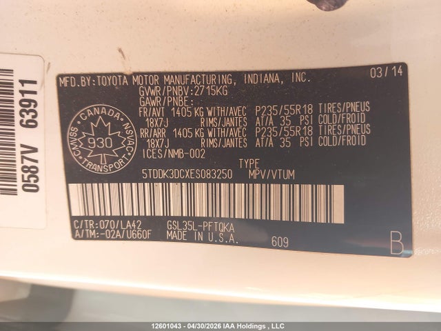 12601043 :رقم المزاد ، 5TDDK3DCXES083250 vin ، 2014 Toyota Sienna Xle 7 Passenger مزاد بيع