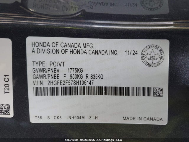 2025 Honda Civic მანქანა იყიდება აუქციონზე, vin: 2HGFE2F57SH106147, აუქციონის ნომერი: 12601050