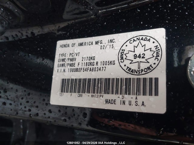 12601052 :رقم المزاد ، 19UUB3F54FA803477 vin ، 2015 Acura Tlx مزاد بيع