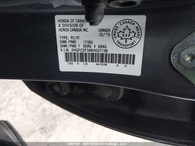 2019 Honda Civic Lx მანქანა იყიდება აუქციონზე, vin: 2HGFC2F54KH027198, აუქციონის ნომერი: 12601067