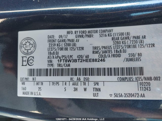 2017 Ford F-350 Xlt მანქანა იყიდება აუქციონზე, vin: 1FT8W3BT2HEE88246, აუქციონის ნომერი: 12601071