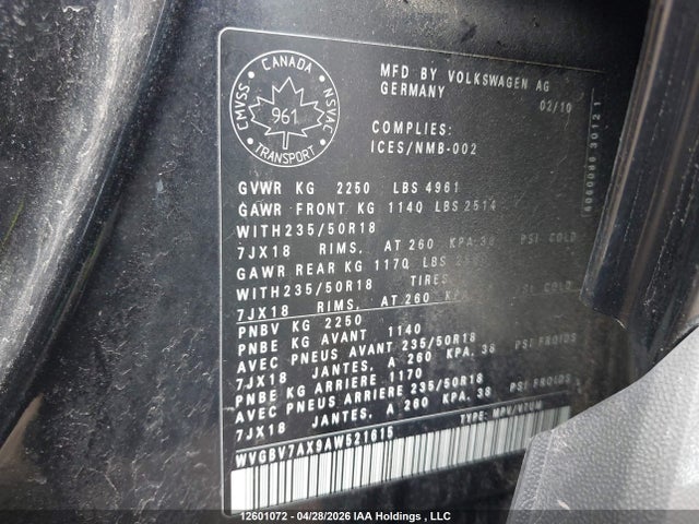 12601072 :رقم المزاد ، WVGBV7AX9AW521615 vin ، 2010 Volkswagen Tiguan 2.0 Tsi Comfortline/2.0 Tsi Highline/2.0 Tsi Trendline مزاد بيع