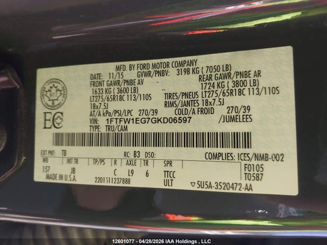 Продажа на аукционе авто 2016 Ford F150 Supercrew, vin: 1FTFW1EG7GKD06597, номер лота: 12601077