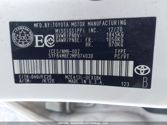 2021 Toyota Corolla Se მანქანა იყიდება აუქციონზე, vin: 5YFB4MBE2MP074030, აუქციონის ნომერი: 12601083