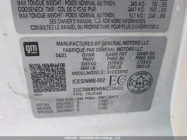 12601089 :رقم المزاد ، 1GCRWAEH5MZ316411 vin ، 2021 Chevrolet Silverado C1500 مزاد بيع