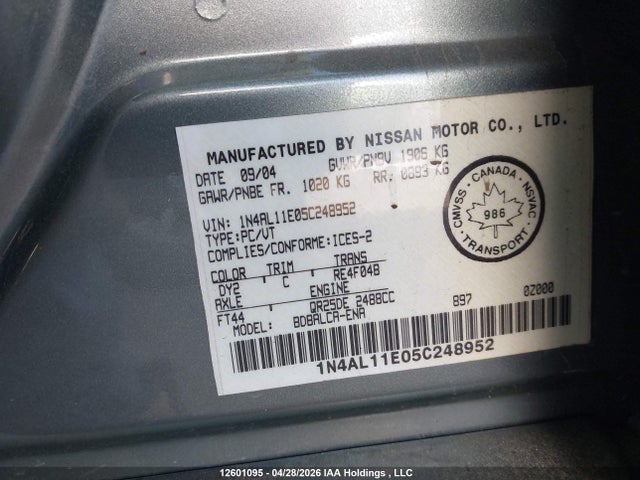 Aukcja sprzedaży 2005 Nissan Altima 2.5 S, vin: 1N4AL11E05C248952, numer aukcji: 12601095