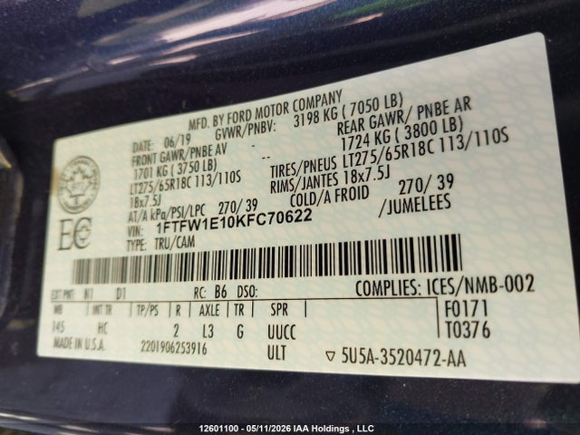 Продажа на аукционе авто 2019 Ford F-150 Lariat, vin: 1FTFW1E10KFC70622, номер лота: 12601100
