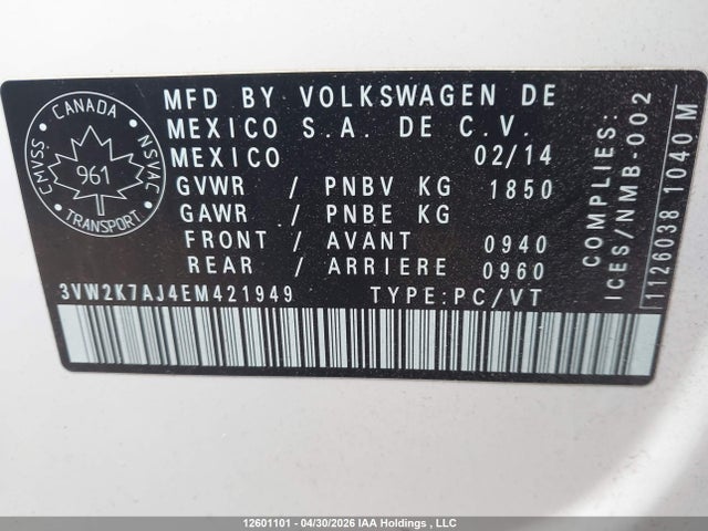 Продаж на аукціоні авто 2014 Volkswagen Jetta Sedan, vin: 3VW2K7AJ4EM421949, номер лоту: 12601101