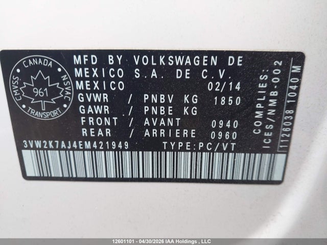 Продаж на аукціоні авто 2014 Volkswagen Jetta Sedan, vin: 3VW2K7AJ4EM421949, номер лоту: 12601101