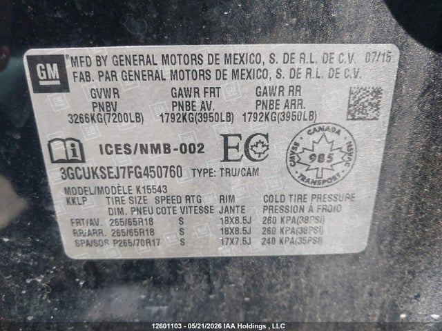 Продажа на аукционе авто 2015 Chevrolet Silverado 1500 1lz/2lz, vin: 3GCUKSEJ7FG450760, номер лота: 12601103