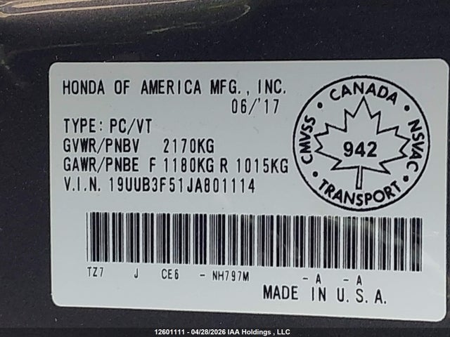 2018 Acura Tlx Tech მანქანა იყიდება აუქციონზე, vin: 19UUB3F51JA801114, აუქციონის ნომერი: 12601111