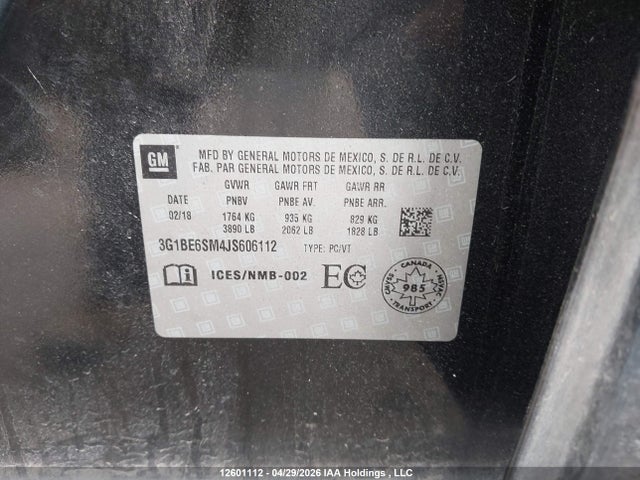 2018 Chevrolet Cruze მანქანა იყიდება აუქციონზე, vin: 3G1BE6SM4JS606112, აუქციონის ნომერი: 12601112