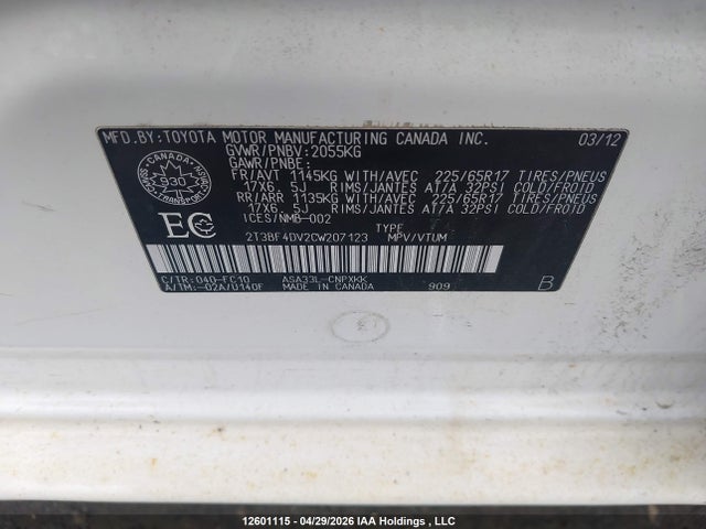 12601115 :رقم المزاد ، 2T3BF4DV2CW207123 vin ، 2012 Toyota Rav4 مزاد بيع