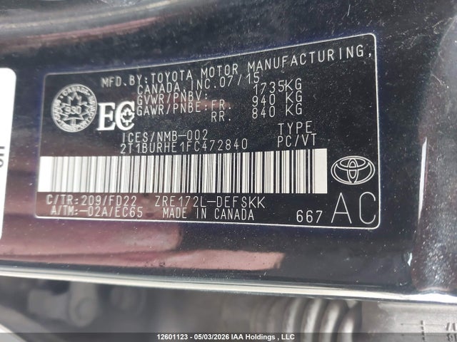 Продажа на аукционе авто 2015 Toyota Corolla S, vin: 2T1BURHE1FC472840, номер лота: 12601123