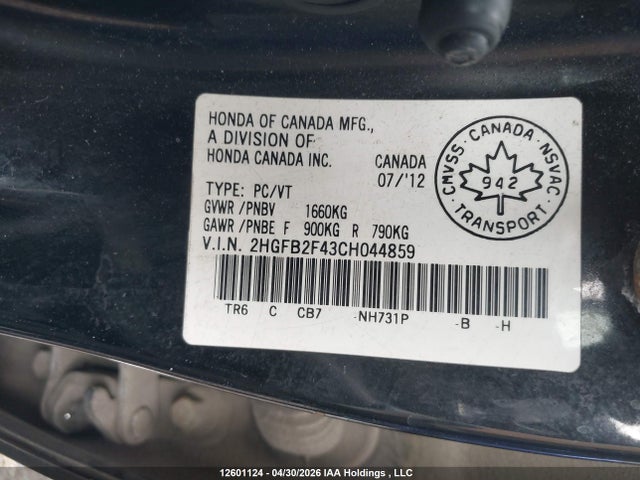 12601124 :رقم المزاد ، 2HGFB2F43CH044859 vin ، 2012 Honda Civic مزاد بيع