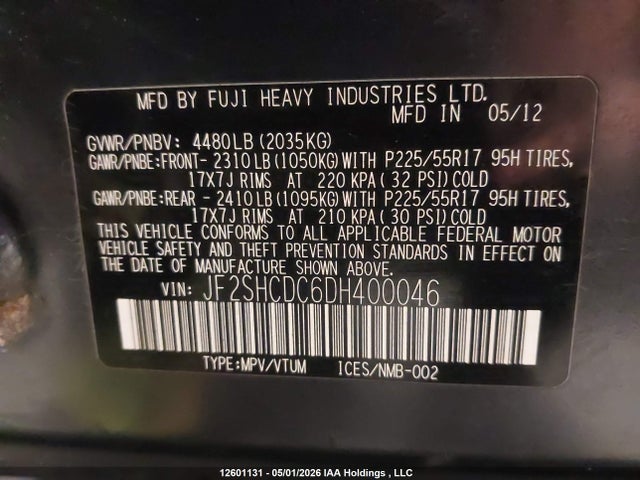 12601131 :رقم المزاد ، JF2SHCDC6DH400046 vin ، 2013 Subaru Forester 2.5x Premium مزاد بيع