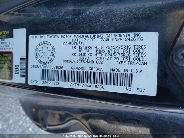 2008 Toyota Tacoma Access Cab მანქანა იყიდება აუქციონზე, vin: 5TEUU42N68Z531026, აუქციონის ნომერი: 12601136
