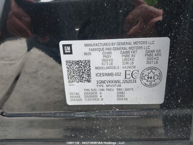 Aukcja sprzedaży 2020 Chevrolet Traverse Premier, vin: 1GNEVKKW6LJ262034, numer aukcji: 12601138