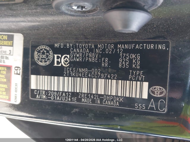 2012 Toyota Matrix მანქანა იყიდება აუქციონზე, vin: 2T1KU4EE4CC797422, აუქციონის ნომერი: 12601144