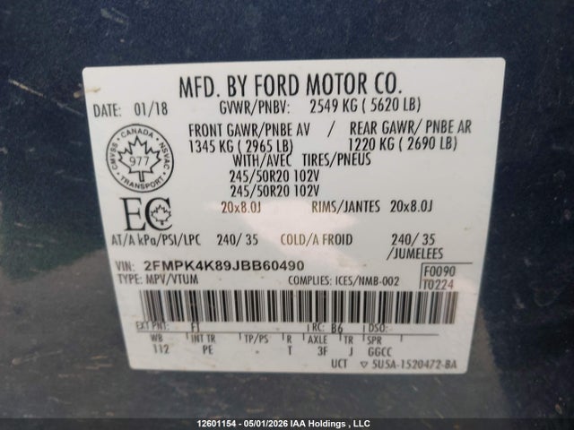 Aukcja sprzedaży 2018 Ford Edge Titanium, vin: 2FMPK4K89JBB60490, numer aukcji: 12601154