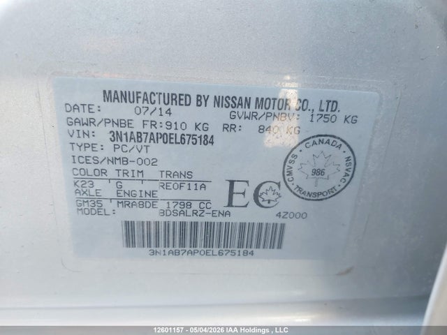 Продаж на аукціоні авто 2014 Nissan Sentra S/sv/sr/sl, vin: 3N1AB7AP0EL675184, номер лоту: 12601157