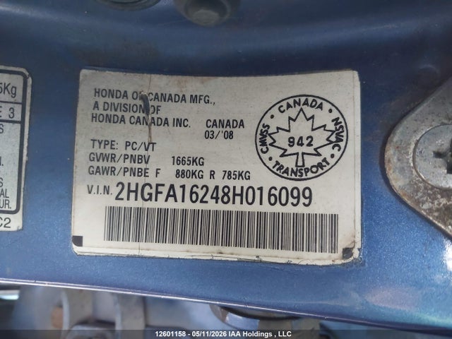12601158 :رقم المزاد ، 2HGFA16248H016099 vin ، 2008 Honda Civic Dx مزاد بيع