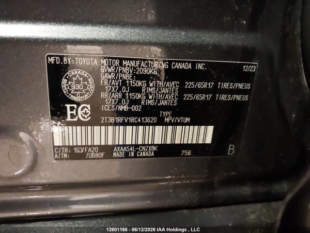 2024 Toyota Rav4 Le მანქანა იყიდება აუქციონზე, vin: 2T3B1RFV1RC413620, აუქციონის ნომერი: 12601166