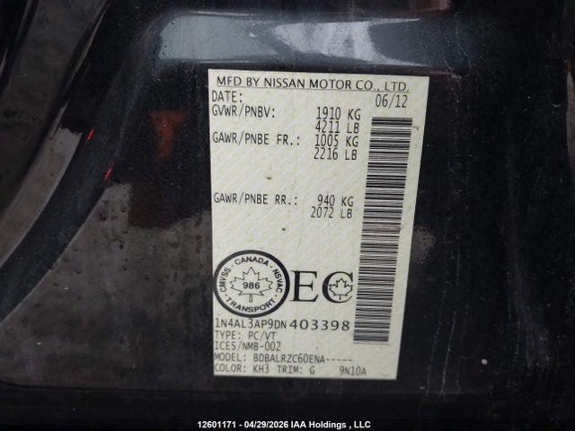 2013 Nissan Altima 2.5/2.5 S/2.5 Sl/2.5 Sv მანქანა იყიდება აუქციონზე, vin: 1N4AL3AP9DN403398, აუქციონის ნომერი: 12601171