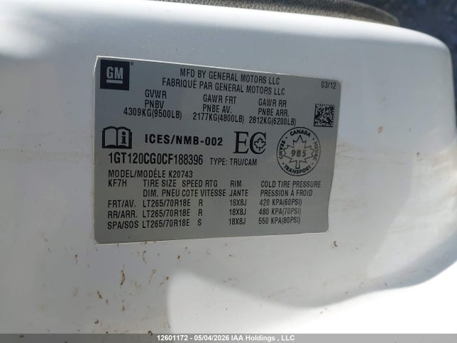 12601172 :رقم المزاد ، 1GT120CG0CF188396 vin ، 2012 Gmc Sierra 2500hd Sle مزاد بيع