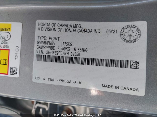 Продажа на аукционе авто 2022 Honda Civic Ex, vin: 2HGFE2F37NH101050, номер лота: 12601184
