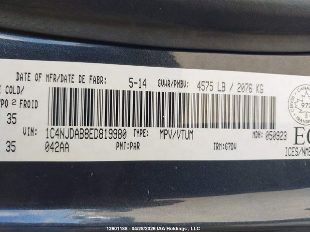 Aukcja sprzedaży 2014 Jeep Compass Sport/north, vin: 1C4NJDAB8ED819980, numer aukcji: 12601188
