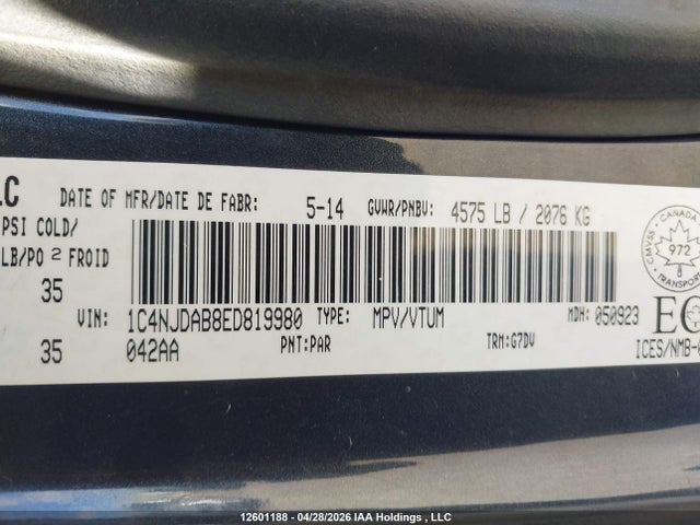 Aukcja sprzedaży 2014 Jeep Compass Sport/north, vin: 1C4NJDAB8ED819980, numer aukcji: 12601188