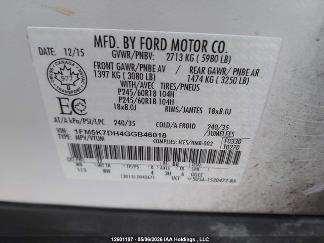 Продажа на аукционе авто 2016 Ford Explorer Xlt, vin: 1FM5K7DH4GGB46018, номер лота: 12601197