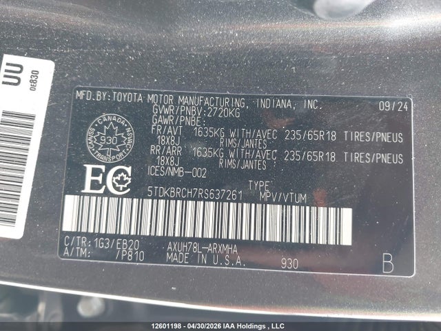 12601198 :رقم المزاد ، 5TDKBRCH7RS637261 vin ، 2024 Toyota Highlander Hybrid Hybrid مزاد بيع