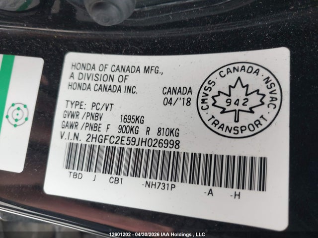 2HGFC2E59JH026998 Honda Civic Lx
