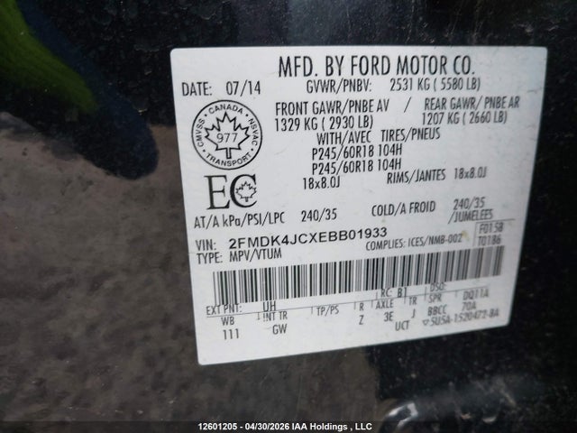 12601205 :رقم المزاد ، 2FMDK4JCXEBB01933 vin ، 2014 Ford Edge مزاد بيع