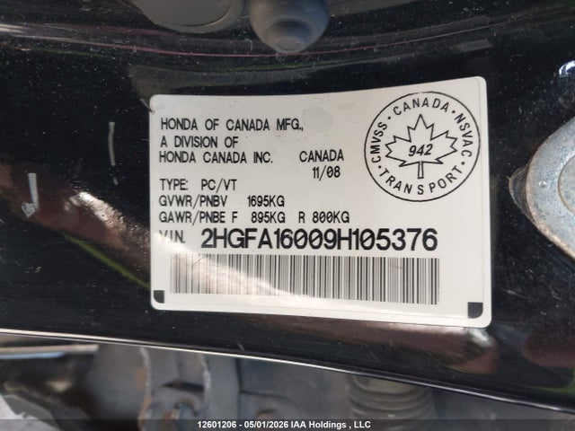 Продаж на аукціоні авто 2009 Honda Civic Sdn, vin: 2HGFA16009H105376, номер лоту: 12601206