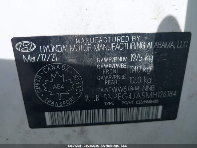 2021 Hyundai Sonata Preferred მანქანა იყიდება აუქციონზე, vin: 5NPEG4JA5MH126184, აუქციონის ნომერი: 12601208