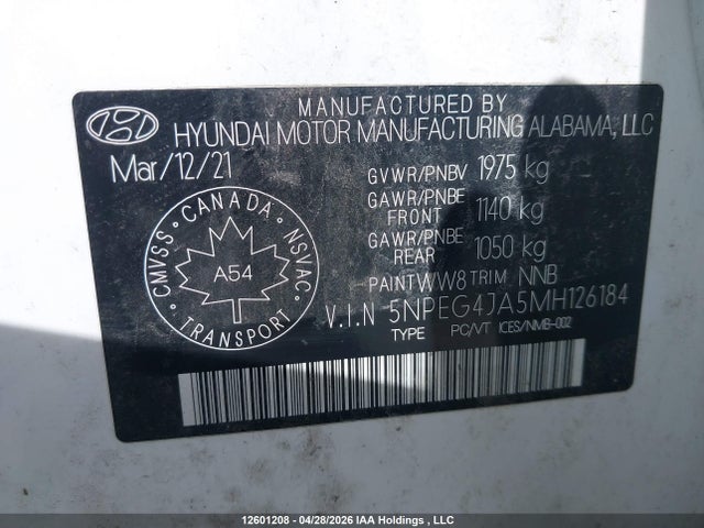 2021 Hyundai Sonata Preferred მანქანა იყიდება აუქციონზე, vin: 5NPEG4JA5MH126184, აუქციონის ნომერი: 12601208