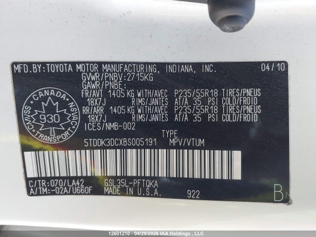 12601210 :رقم المزاد ، 5TDDK3DCXBS005191 vin ، 2011 Toyota Sienna Xle/limited مزاد بيع