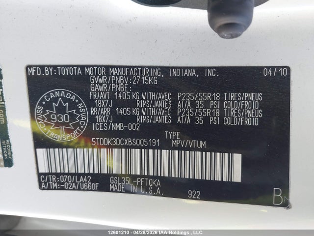 12601210 :رقم المزاد ، 5TDDK3DCXBS005191 vin ، 2011 Toyota Sienna Xle/limited مزاد بيع