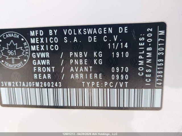 Aukcja sprzedaży 2015 Volkswagen Jetta 2.0l Trendline/2.0l Trendline+, vin: 3VW2K7AJ0FM260243, numer aukcji: 12601213